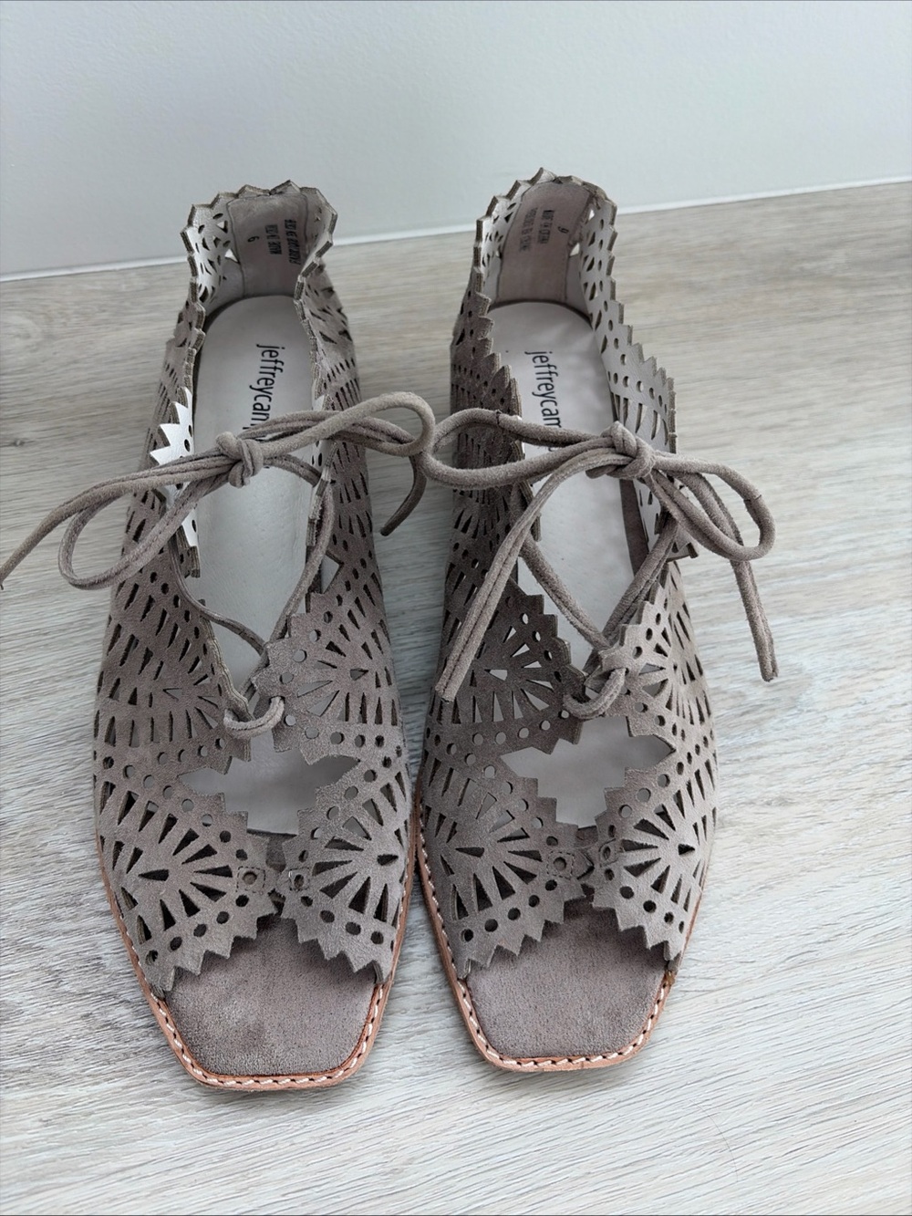 Jeffrey Campbell Espejo Wedge Sandals Taupe Suede Lace Up Peep Toe 9 NWOT